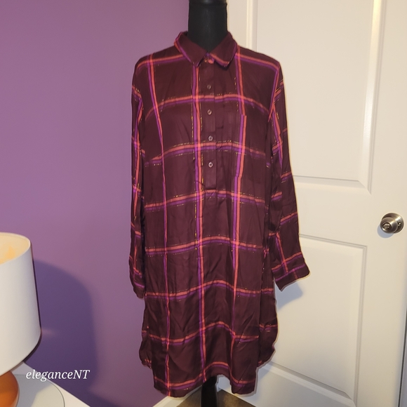 Old Navy Burgundy and Pink Plaid Oversized Shirt Dress - Picture 6 of 7